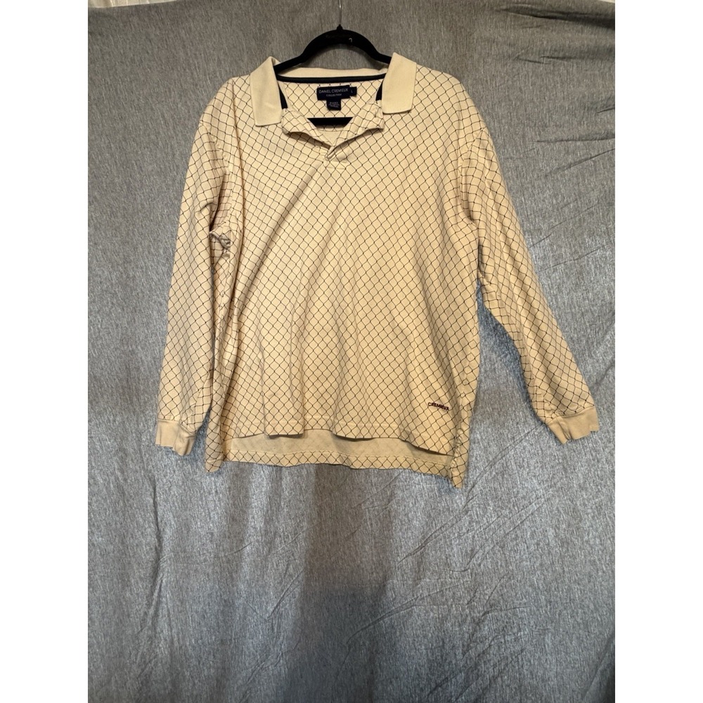 Daniel Cremieux Collection Beige Navy Polo Shirt Men's L Diamond Long Sleeve